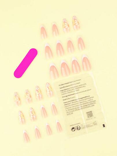 24 قطعة أظافر زائفة لموضة الصيف لون أبيض فرنسي وأصفر فرنسي ذو شكل لوز متوسط الحجم ,مجموعة فن تصميم الأظافر مانيكير تشمل ورقة لاصقة و ملف صغير مثالية للارتداء اليومي