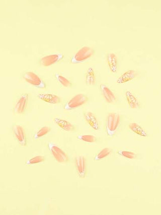 24 قطعة أظافر زائفة لموضة الصيف لون أبيض فرنسي وأصفر فرنسي ذو شكل لوز متوسط الحجم ,مجموعة فن تصميم الأظافر مانيكير تشمل ورقة لاصقة و ملف صغير مثالية للارتداء اليومي