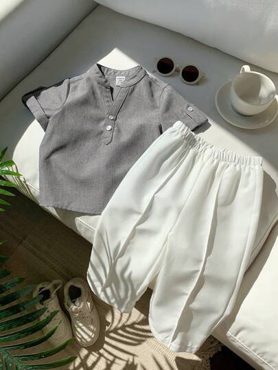 طقم ملابس علوية أكمام قصيرة ذات طوق عالي وبنطلون خصر مطاطي لطفل صغير ولد أو بنت، 2 قطعة