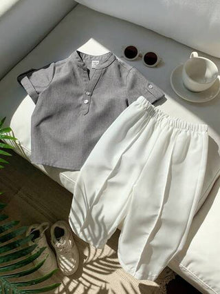 طقم ملابس علوية أكمام قصيرة ذات طوق عالي وبنطلون خصر مطاطي لطفل صغير ولد أو بنت، 2 قطعة