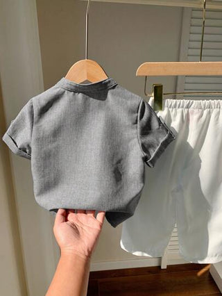 طقم ملابس علوية أكمام قصيرة ذات طوق عالي وبنطلون خصر مطاطي لطفل صغير ولد أو بنت، 2 قطعة