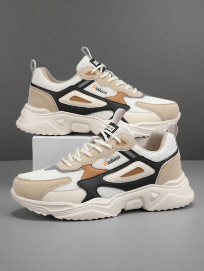 أحذية رياضية للرجال بتصميم ألوان متباينة وطباعة الرسائل والرقع مع أربطة، أحذية مريحة للاستخدام اليومي والتنزه في الأماكن الخارجية، أحذية جري مناسبة للمراهقين والشباب