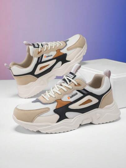 أحذية رياضية للرجال بتصميم ألوان متباينة وطباعة الرسائل والرقع مع أربطة، أحذية مريحة للاستخدام اليومي والتنزه في الأماكن الخارجية، أحذية جري مناسبة للمراهقين والشباب