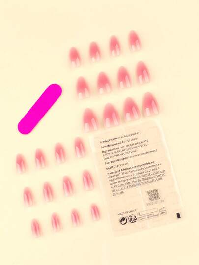 24 قطعة أظافر جل وردية للضغط، أظافر مزيفة قصيرة ذات شكل اللوز، أظافر كاذبة ذات ظل متدرج مجموعة مانيكير تشمل ورقة لاصقة وملف صغير للارتداء اليومي