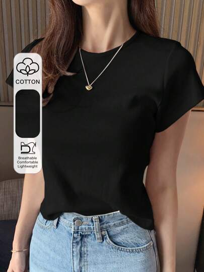 DAZY تي شيرت بأكمام قصيرة و ياقة دائرية ، لون أساسي أبيض ،نساء ، كاجوال للعمل ، الربيع والصيف