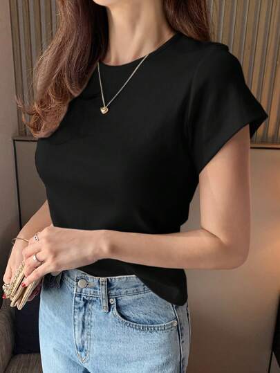 DAZY تي شيرت بأكمام قصيرة و ياقة دائرية ، لون أساسي أبيض ،نساء ، كاجوال للعمل ، الربيع والصيف