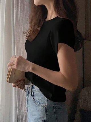 DAZY تي شيرت بأكمام قصيرة و ياقة دائرية ، لون أساسي أبيض ،نساء ، كاجوال للعمل ، الربيع والصيف