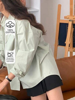 DAZY قميص نسائي بأكمام طويلة وياقة منحرفة وشق خلفي فضفاض، لون أخضر نعناعي، ملابس ربيعية/صيفية وخريفية، ملابس علوية بطراز راقي