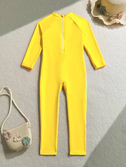 SHEIN Lunivi بدلة سباحة طويلة الأكمام بنمط كرتوني قطعة واحدة للبنات