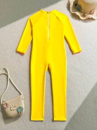 SHEIN Lunivi بدلة سباحة طويلة الأكمام بنمط كرتوني قطعة واحدة للبنات