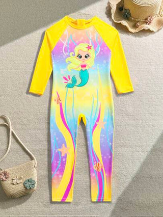 SHEIN Lunivi بدلة سباحة طويلة الأكمام بنمط كرتوني قطعة واحدة للبنات