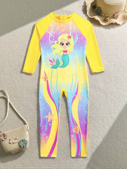SHEIN Lunivi بدلة سباحة طويلة الأكمام بنمط كرتوني قطعة واحدة للبنات