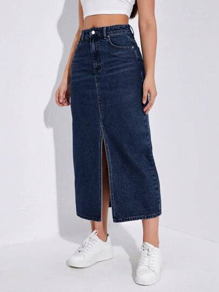 EZwear تنورة جينز قصيرة مصممة بأذيال مشطور بطريقة مغسولة