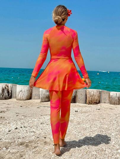 Swim Shayni 2 قطعة مجموعة ملابس سباحة صيفية للنساء، توب أكمام طويلة مطبوع بتدرج اللون مع ربطة أمامية وبنطلون ضيق، بوركيني بتغطية متواضعة للعطلات