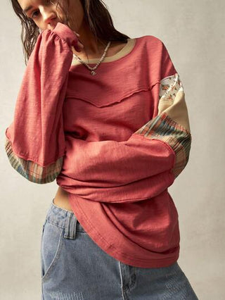 Bohemela تيشيرت طويل الأكمام نسائي واسع وطويل، تكريع منفصلة بأسلوب ريفي بسيط وكاجوال، ياقة مستديرة، متميز في موسم الربيع