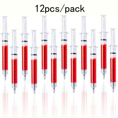 12 قلم حبر جاف بشكل حقنة باللون الأحمر، حبر أسود، هدايا للممرضات، أداة كتابة دقيقة (الخارج أحمر، الحبر أسود)