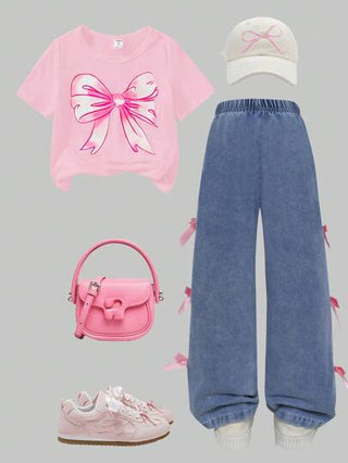 تيشيرتات بناتي Streecool Kids 2 قطعة/مجموعة فستان قصير كم قميص مطبوع عليه فراشة واسترخاء أزرق للفتاة الصغيرة، مناسب للارتداء اليومي الصيفي