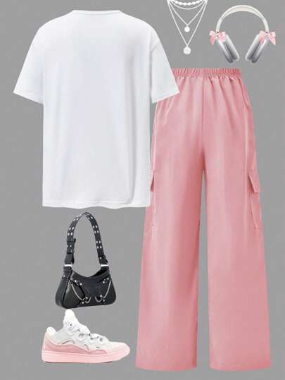 2 قطعة/مجموعة بدلة لفتيات المراهقات, بلوزة طباعة رسوم الأنمي الكاجوال وبنطلون كارجو واسع الساق