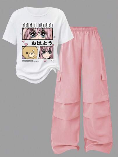 2 قطعة/مجموعة بدلة لفتيات المراهقات, بلوزة طباعة رسوم الأنمي الكاجوال وبنطلون كارجو واسع الساق