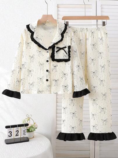 بيجاما مجموعة بلوزة وبنطال منزلي لفتيات المراهقات، بلوزة كت مزدوج بكشكش وجيب وطبعة الأزهار، وبنطال مريح وفضفاض، قطعتين