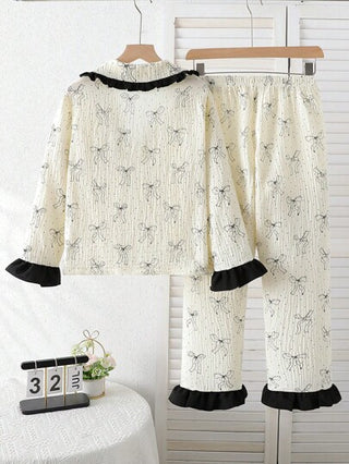 بيجاما مجموعة بلوزة وبنطال منزلي لفتيات المراهقات، بلوزة كت مزدوج بكشكش وجيب وطبعة الأزهار، وبنطال مريح وفضفاض، قطعتين