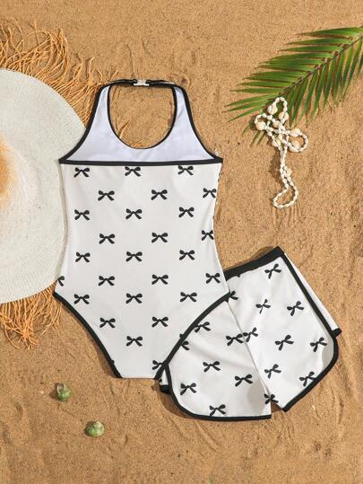 SHEIN 1 قطعة ملابس سباحة قطعة واحدة واسعة جرافيكية عشوائية للفتاة الناشئة، طقم مكون من قطعتين