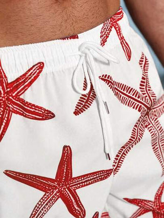 Manfinity Swimmode شورتات شاطئ كاجوال للرجال مطبوعة بنجوم البحر، بدلات سباحة للرجال، بدلات سباحة للرجال، شاطئ وهاواي
