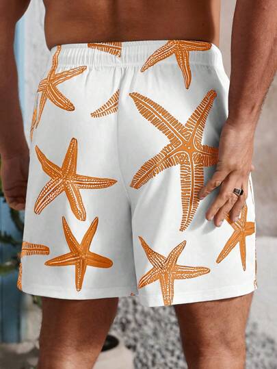 Manfinity Swimmode شورتات كاجوال رجالية للشاطىء مزينة بطبعة نجمة البحر، بدلة السباحة للرجال، ملابس شاطئ للرجال، شورتات السباحة الرجالية بطبعة هاواي