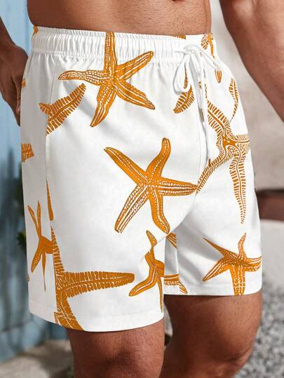 Manfinity Swimmode شورتات كاجوال رجالية للشاطىء مزينة بطبعة نجمة البحر، بدلة السباحة للرجال، ملابس شاطئ للرجال، شورتات السباحة الرجالية بطبعة هاواي