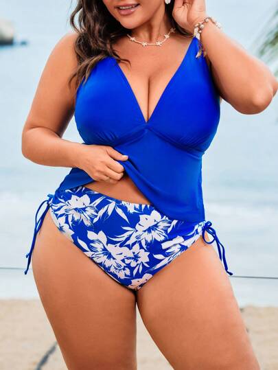 Swim Lushoire طقم بحجم كبير للنساء مكون من 2 قطعة، بطبعات زهرية باللون الأزرق ، قطعة علوية فضفاضة مرتدية بحمالات سميكة قابلة للتعديل وقطعة سفلية من البكيني الرفيع بخصر عالٍ