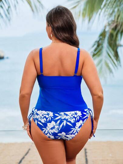 Swim Lushoire طقم بحجم كبير للنساء مكون من 2 قطعة، بطبعات زهرية باللون الأزرق ، قطعة علوية فضفاضة مرتدية بحمالات سميكة قابلة للتعديل وقطعة سفلية من البكيني الرفيع بخصر عالٍ