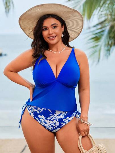 Swim Lushoire طقم بحجم كبير للنساء مكون من 2 قطعة، بطبعات زهرية باللون الأزرق ، قطعة علوية فضفاضة مرتدية بحمالات سميكة قابلة للتعديل وقطعة سفلية من البكيني الرفيع بخصر عالٍ