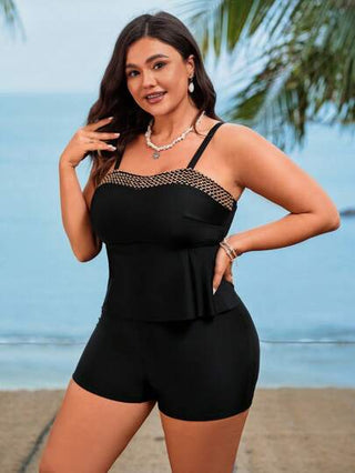 Swim Lushoire مجموعة مقاس كبير للنساء مكونة من 2 قطعة، ملابس علوية من البانديو بشريط من الترتر الأسود الأملس وسروال قصير ذو خصر عالي، تصميم أنيق للاستخدام اليومي، بفتك الخصر مناسب للبنية الممتلئة، ملابس سباحة تانكيني جذابة