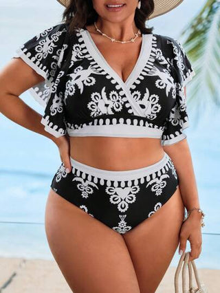 Swim Lushoire بكيني بقصة مثلثية للنساء بحجم كبير 2 قطعة ذو ملابس علوية عميق على شكل v ملفوف مع لون أبيض وأسود بأكمام قصيرة وخصر عالي، يخفي البطن ومناسب للاستخدام اليومي والعطلات