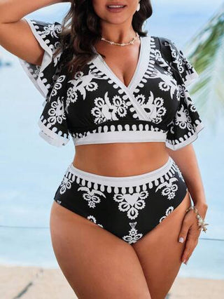 Swim Lushoire بكيني بقصة مثلثية للنساء بحجم كبير 2 قطعة ذو ملابس علوية عميق على شكل v ملفوف مع لون أبيض وأسود بأكمام قصيرة وخصر عالي، يخفي البطن ومناسب للاستخدام اليومي والعطلات