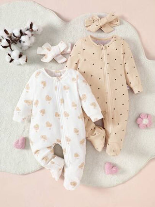 SHEIN 4 قطع حلة رومبر مطبوع بألوان نقاط وشكل القلب مع غطاء رأس فراشة، للأطفال الرضع البنات، بأكمام طويلة وسحاب، بدلة نوم ناعمة