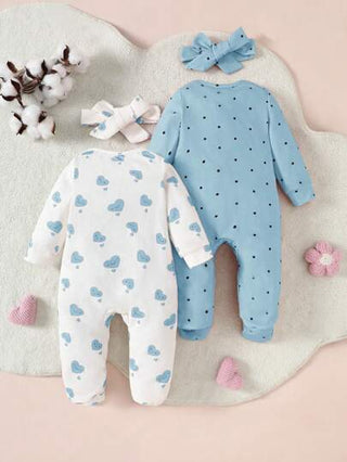 SHEIN 4 قطع/مجموعة لرومبير الأطفال حديثي الولادة البنات مزين ببصمات قلب وبنقط طباعة, طويل الأكمام، أمامي أزرار سحاب، مع شريط شعر فيونكة، طقم بيجامة ناعم اللمس