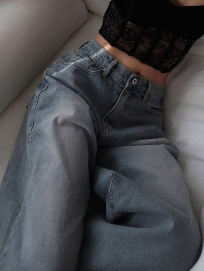 Strévra جينز نسائي بخصر عادي وقطع فضفاض وساق واسعة وجيوب ، ملابس الشارع