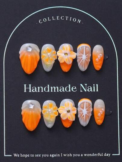 10 قطعة مجموعة أظافر بشكل اللوز، برتقالي منحوت ثلاثي الأبعاد بطريقة الربط، مرصع بإكسسوار الألماس النجمي الخماسي، بطراز Y2K وINS، أظافر فاخرة أنيقة مصنوعة يدويًا مناسبة للنساء والفتيات