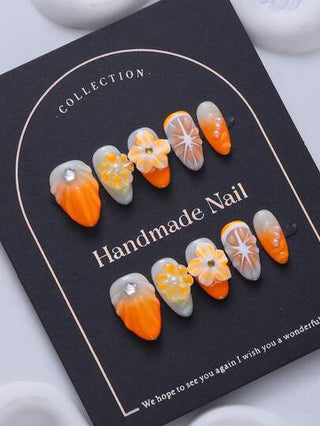 10 قطعة مجموعة أظافر بشكل اللوز، برتقالي منحوت ثلاثي الأبعاد بطريقة الربط، مرصع بإكسسوار الألماس النجمي الخماسي، بطراز Y2K وINS، أظافر فاخرة أنيقة مصنوعة يدويًا مناسبة للنساء والفتيات