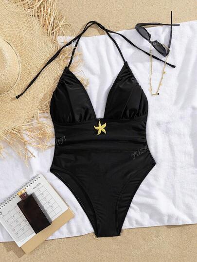 مايوه حريمي قطعة واحدة بدلة سباحة سيدات عصرية مثيرة برقبة عميقة وظهر مكشوف، مزينة بنجمة البحر الذهبية والحبال لضبط المقاس