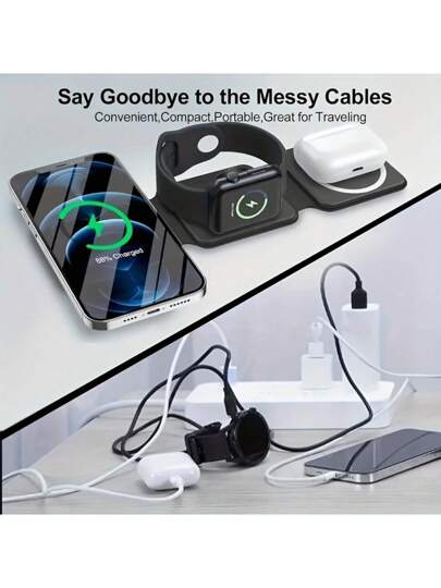 شاحن لاسلكي متعدد الاستخدامات متوافق مع اجهزة آيفون 12/13/14/15/16، 3/برو، محطة شحن لاسلكية مغناطيسية قابلة للطي متوافقة مع آيفون 16 15 14 13 12 11 إكس 8 برو ماكس/برو/ميني/بلس، متوافق مع ساعة Apple، متوافق مع ايربودز، مناسب للمكتب والسكن والمنزل