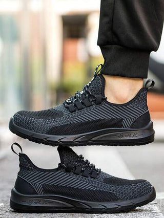 زوج واحد من أحذية السلامة الخفيفة والمريحة للرجال ذات أصابع قدم من الصلب، مضاد للانزلاق، قابل للتنفس، مقاوم للتآكل وذات موضة أحذية سلامة رياضية، قاعدة مضادة للثقب والصدمات، مناسبة للمواقع الإنشائية والبستنة والمستودعات والإصلاحات اليومية