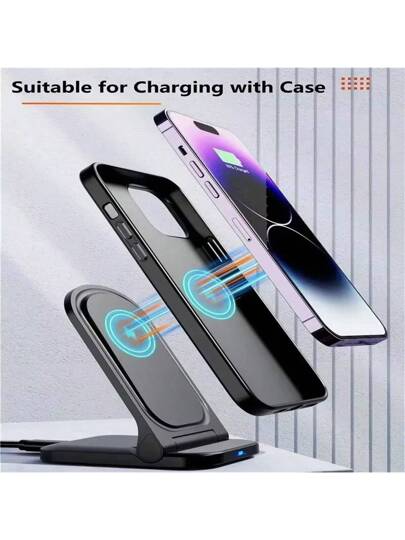 شاحن لاسلكي متكامل للهواتف المحمولة مع إضاءة LED قابل للطي للشحن السريع متوافق مع 16 15 14 13 12 برو ماكس وSamsung S24