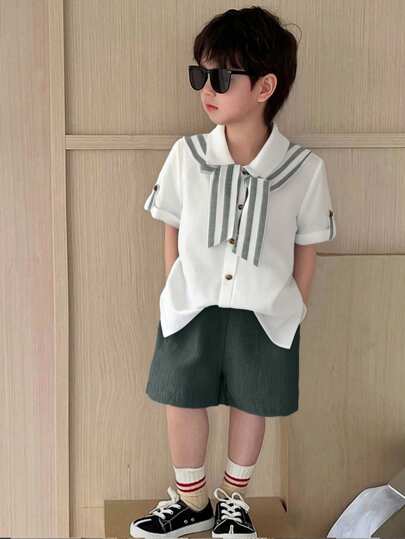 3 قطع/مجموعة اشتر اثنين واحصل على واحد مجاناً - طقم متنوع مريح وأنيق من الكتان المخطط، يحتوي على وشاح وقميص وشورت فضفاض، مناسب للربيع/الصيف، اليومي، الرياضة، النزهات، المدرسة، الحفلات، الأعياد، التصوير الفوتوغرافي