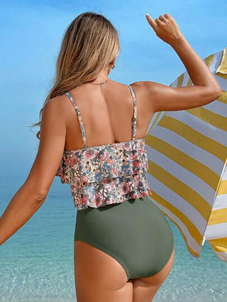 طقم تانكيني حريمي Swim Lushoire مجموعة من قطعتين للنساء منتج صيفي للعطلات والشاطئ، قمصان بيكيني قصيرة بطبعات زهرية مكشكشة ذات خصر عالي، بنطلون سباحة لأجواء الشاطئ
