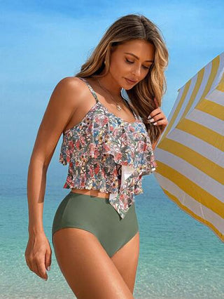 طقم تانكيني حريمي Swim Lushoire مجموعة من قطعتين للنساء منتج صيفي للعطلات والشاطئ، قمصان بيكيني قصيرة بطبعات زهرية مكشكشة ذات خصر عالي، بنطلون سباحة لأجواء الشاطئ