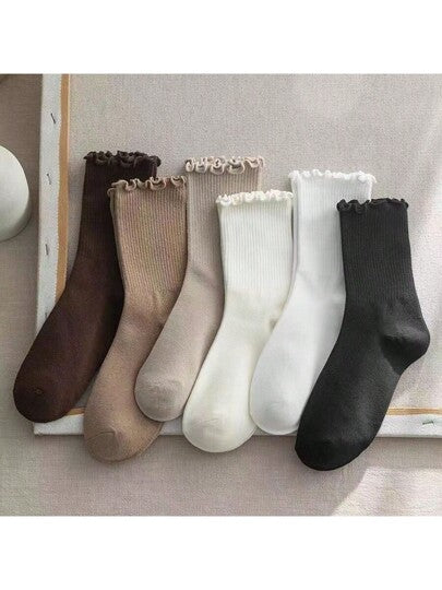 أحذية أوكسفورد حريمي 6 أزواج جوارب متوسطة الطول مرتفعة للنساء، بأكمام مموجة متعددة الألوان، مثالية للتناسق مع أحذية لوفرز وأكسفورد، وجوارب كيوت بطراز الموضة اليابانية والثقافة الشعبية على الإنترنت