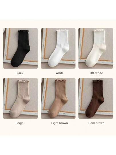 أحذية أوكسفورد حريمي 6 أزواج جوارب متوسطة الطول مرتفعة للنساء، بأكمام مموجة متعددة الألوان، مثالية للتناسق مع أحذية لوفرز وأكسفورد، وجوارب كيوت بطراز الموضة اليابانية والثقافة الشعبية على الإنترنت