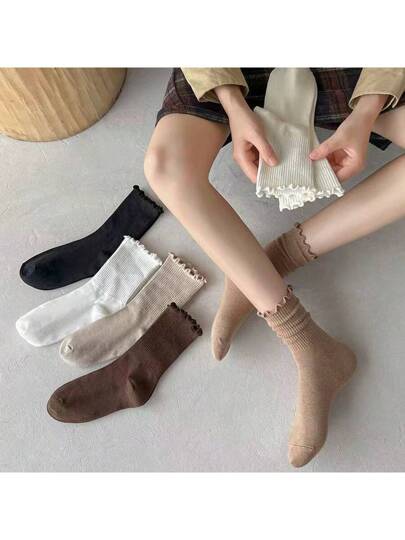 أحذية أوكسفورد حريمي 6 أزواج جوارب متوسطة الطول مرتفعة للنساء، بأكمام مموجة متعددة الألوان، مثالية للتناسق مع أحذية لوفرز وأكسفورد، وجوارب كيوت بطراز الموضة اليابانية والثقافة الشعبية على الإنترنت